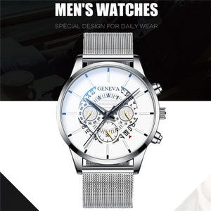 Luxury Men's Fashion Business Calendar Watches Blue Stainless Steel Mesh Belt Analog Quartz Watch relogio masculino