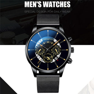 Luxury Men's Fashion Business Calendar Watches Blue Stainless Steel Mesh Belt Analog Quartz Watch relogio masculino