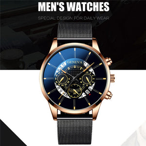 Luxury Men's Fashion Business Calendar Watches Blue Stainless Steel Mesh Belt Analog Quartz Watch relogio masculino