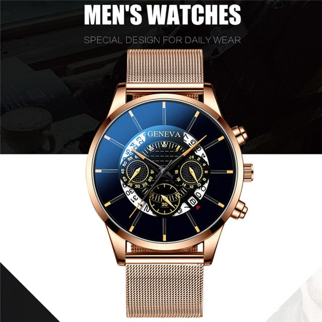 Luxury Men's Fashion Business Calendar Watches Blue Stainless Steel Mesh Belt Analog Quartz Watch relogio masculino