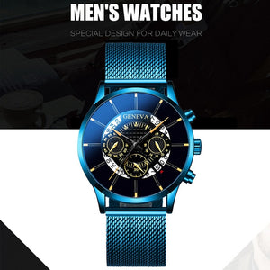 Luxury Men's Fashion Business Calendar Watches Blue Stainless Steel Mesh Belt Analog Quartz Watch relogio masculino