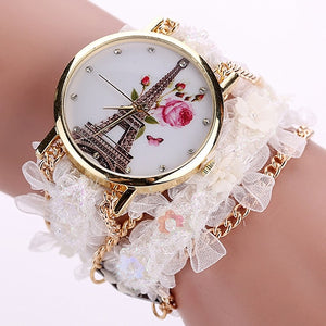 Women's  Rhinestone Tower Print Multi-layer Cloth Band Quartz Wrist Watch