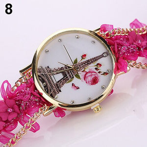 Women's  Rhinestone Tower Print Multi-layer Cloth Band Quartz Wrist Watch