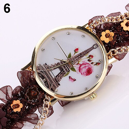 Women's  Rhinestone Tower Print Multi-layer Cloth Band Quartz Wrist Watch