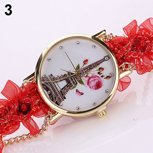 Women's  Rhinestone Tower Print Multi-layer Cloth Band Quartz Wrist Watch