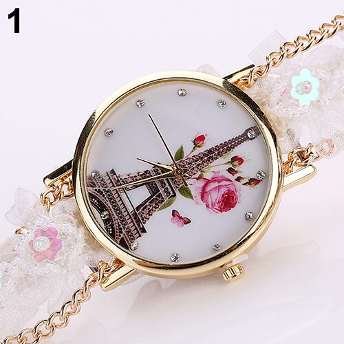 Women's  Rhinestone Tower Print Multi-layer Cloth Band Quartz Wrist Watch