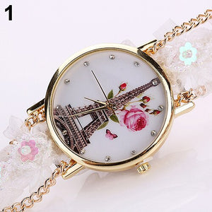 Women's  Rhinestone Tower Print Multi-layer Cloth Band Quartz Wrist Watch