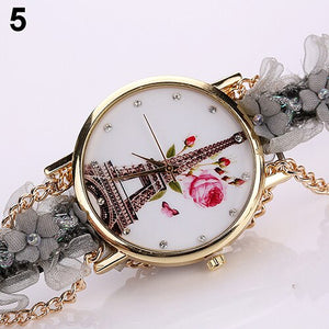 Women's  Rhinestone Tower Print Multi-layer Cloth Band Quartz Wrist Watch