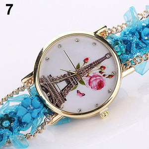 Women's  Rhinestone Tower Print Multi-layer Cloth Band Quartz Wrist Watch