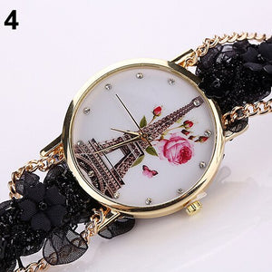 Women's  Rhinestone Tower Print Multi-layer Cloth Band Quartz Wrist Watch