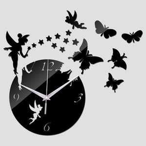 Hot sale diy geometric wall watches mirror acrylic quartz wall clock stars and butterfly decoration wall stickers